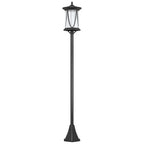 Black solar lamp post light with lantern housing and tall pole, full view