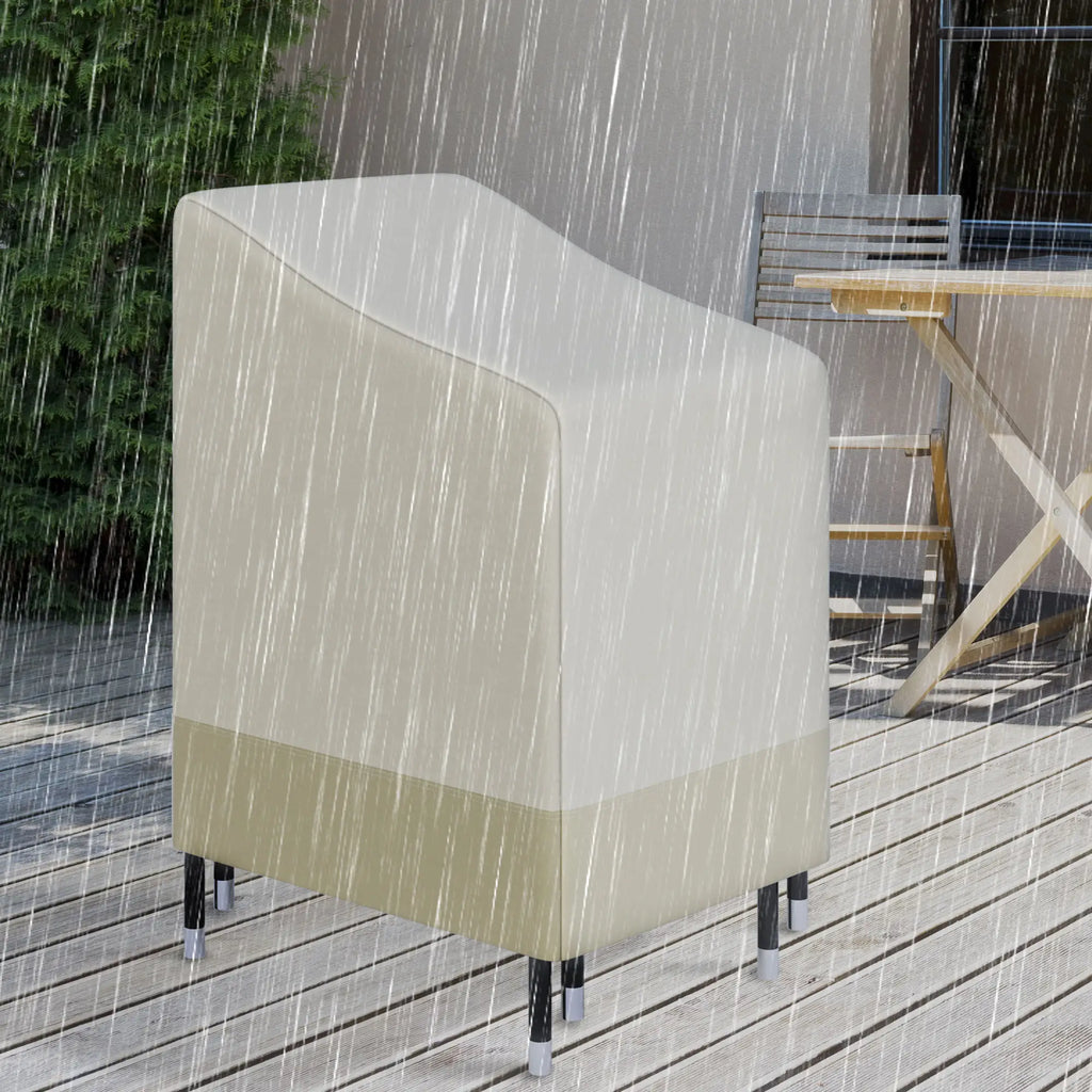 Two-tone beige and tan chair cover fitted over a high-back outdoor chair in rainy weather.