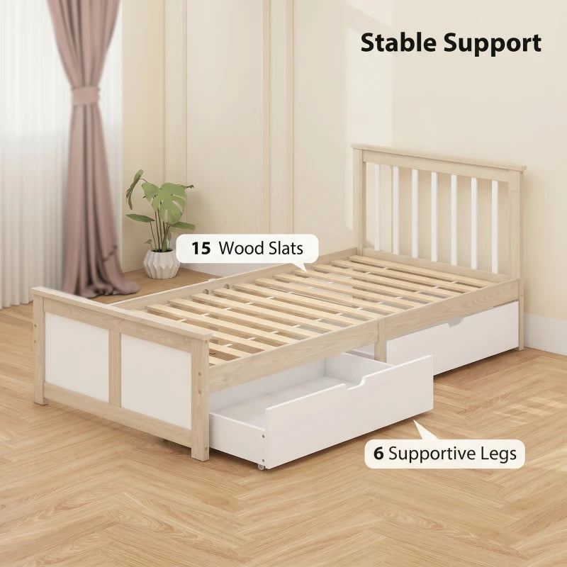 Pine storage bed with wood slats, supportive legs, and long drawer storage