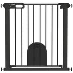 Black pet safety gate with vertical bars and built-in cat flap door