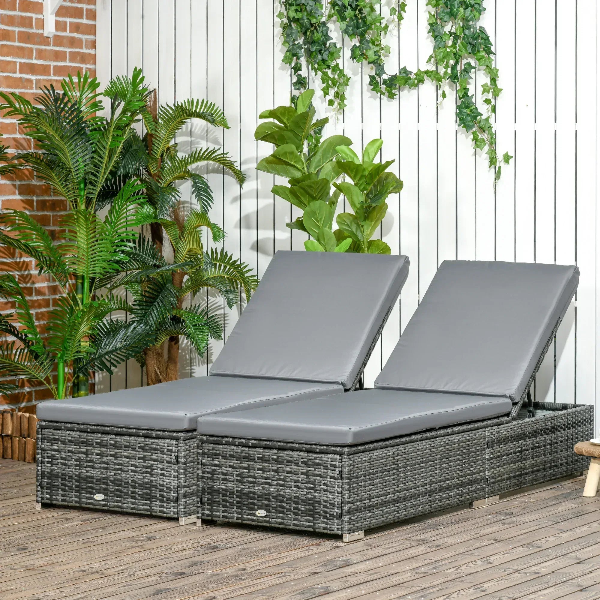PE Rattan Sun Loungers set of 2 with Cushion, Outdoor 2 Pieces Garden Sunbed Furniture with 5-Level Recliner Backrest, Reclining Patio Wicker Bed Chair, Grey - Bobobiy