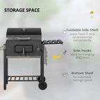 Black charcoal grill with foldable side shelf, side hooks, and lower storage shelf