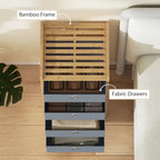 Narrow chest of drawers showing bamboo frame and four light grey fabric drawers