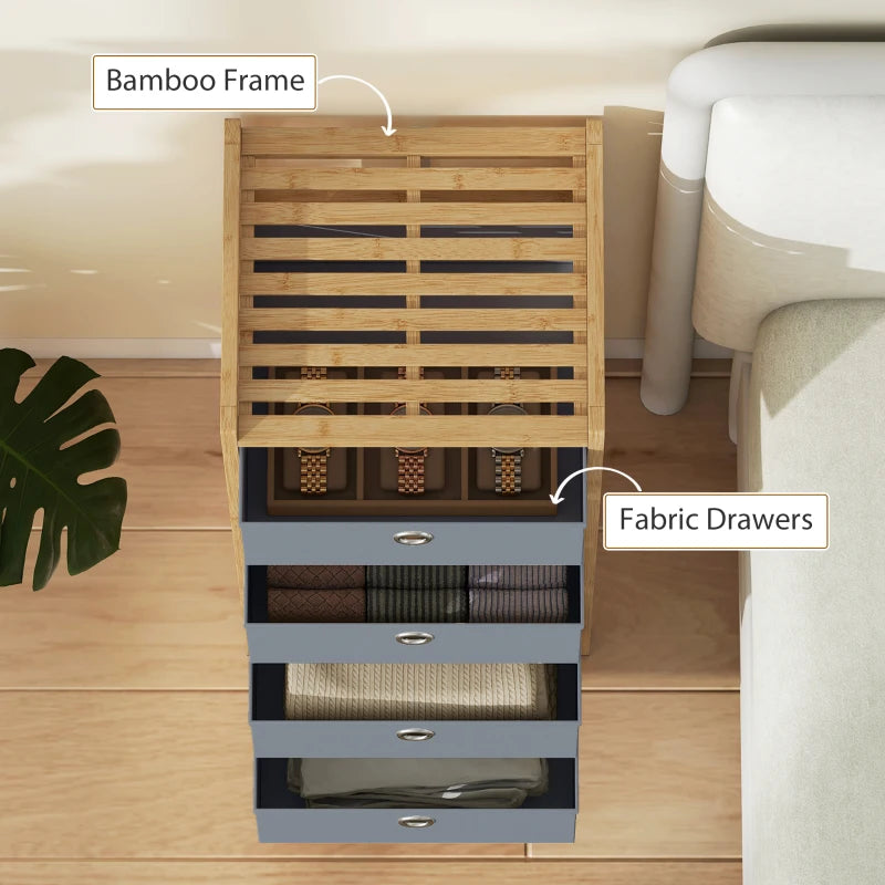 Narrow chest of drawers showing bamboo frame and four light grey fabric drawers