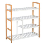 Four-tier shoe rack with natural wood frame and white slatted shelves