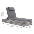 Grey wicker sun lounger with cushion, reclined angle with labeled size dimensions