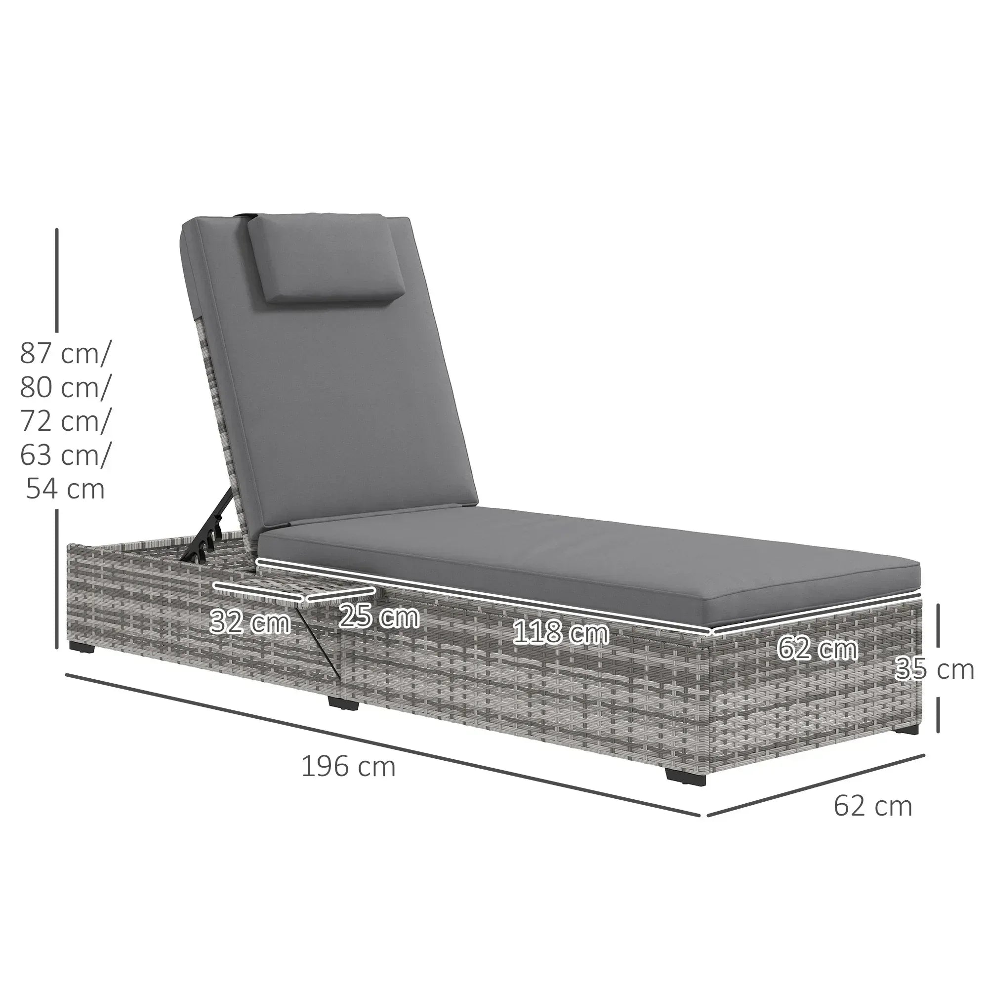 Outdoor Patio PE Rattan Lounger with Cushion, 5-Level Reclining Wicker Rattan Sun Lounger with Tea Tray, for Poolside, Patio, Deck, 120kg Weight Capacity, Grey - Bobobiy