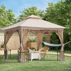 Beige double-tier garden gazebo with black metal frame and open sheer side curtains