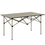 Khaki portable folding table with ribbed slats, black corner caps, and silver legs