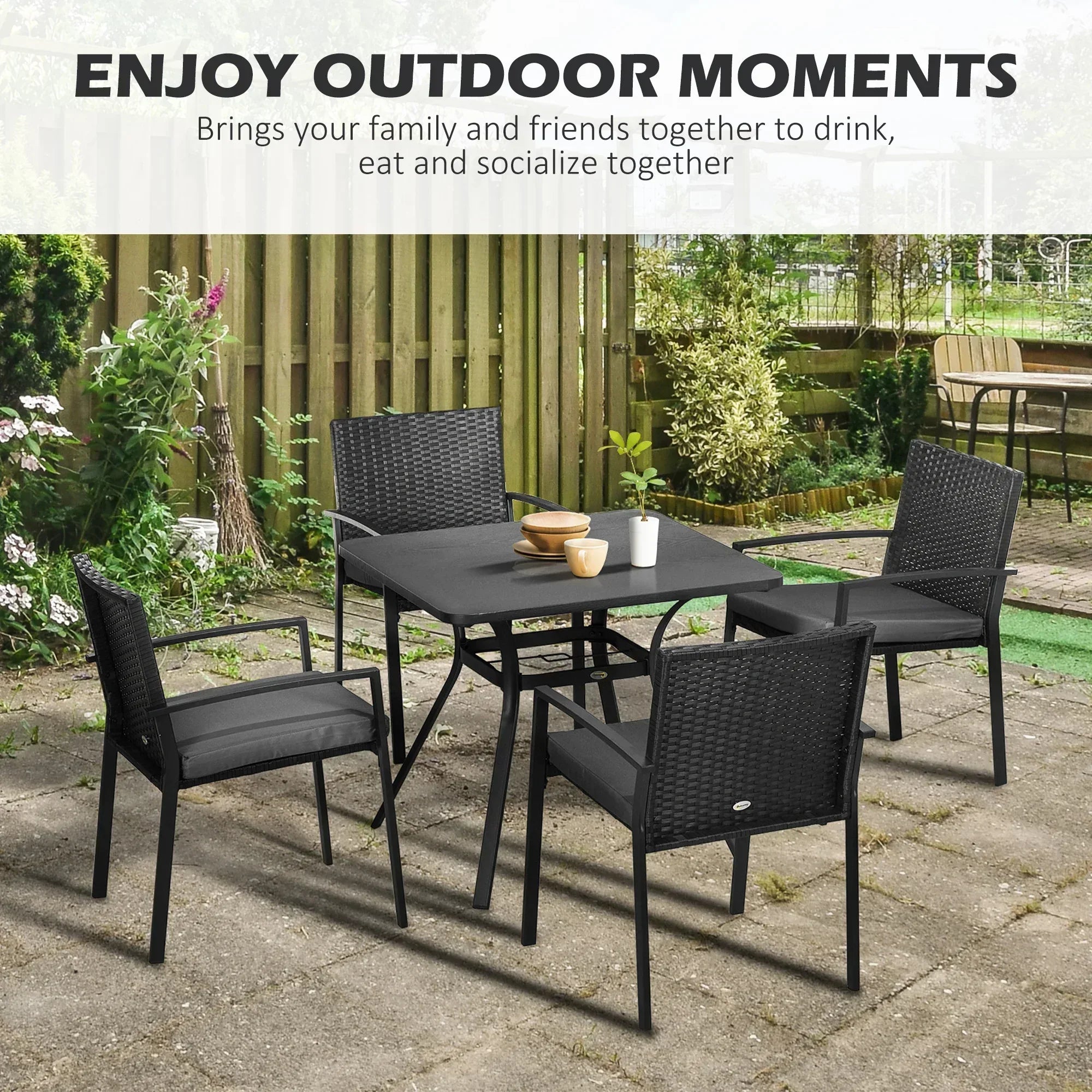 Five-Piece Garden Dining Set, with Rattan Seat Chairs and Cushions - Black - Bobobiy