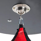 Ceiling mount plate with chain holding teardrop red/black speed bag.
