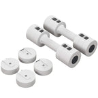 White adjustable dumbbell set with chrome handle, removable weight discs, and end caps