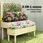 Natural wood raised planter with lattice trellis and flowering plants