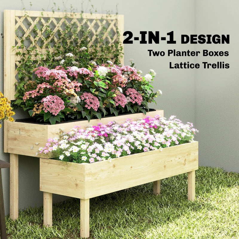 Natural wood raised planter with lattice trellis and flowering plants
