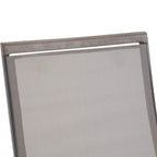 Close-up of grey mesh back panel on brown-framed folding sun lounger