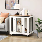White dog crate end table with wood top and black-bar sides; dog inside behind door
