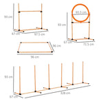 Orange-and-white agility hurdle and ring hurdle layout with size measurements diagram