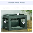 Grey pet carrier with three large zipped doors and mesh panels; labeled viewing points.