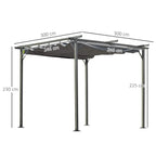 Retractable metal pergola canopy with grey top and four posts, front view