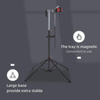 Black folding bicycle repair stand with large stable base and elevated tool tray