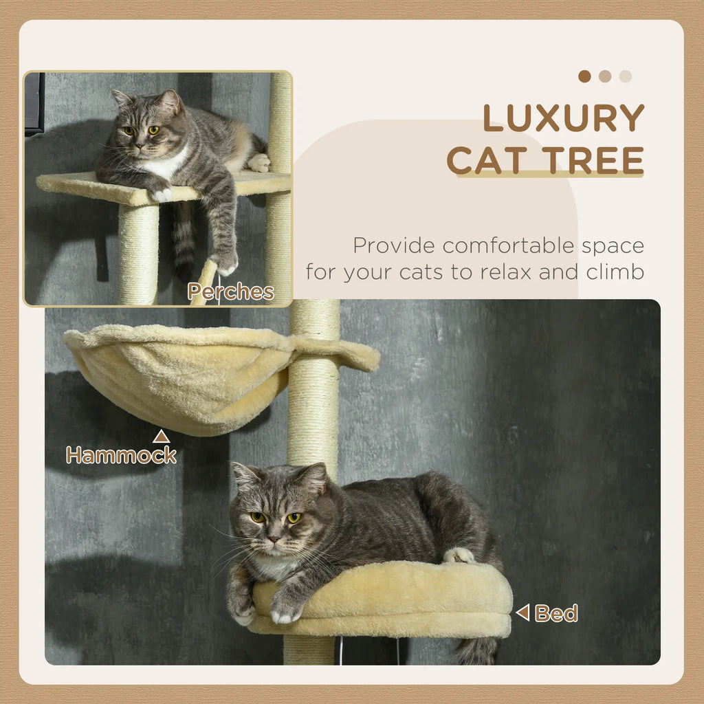 PawHut 230 250cm Floor to Ceiling Climbing Cat Tree Tower Beige