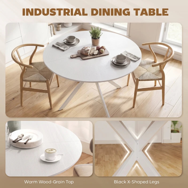 Round industrial dining table with white top and metal cross legs