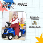 Blue toddler ride-on tractor walker with foot-to-floor pedals and yellow horn
