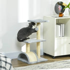 Light grey cat tree with cushioned platforms and enclosed arched tunnel bed
