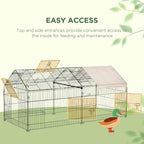 Metal playpen with beige roof cover and front divider gate for easy access