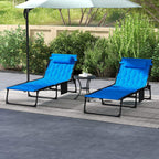 Blue outdoor reclining lounge chairs set with five-position backrests, metal frames
