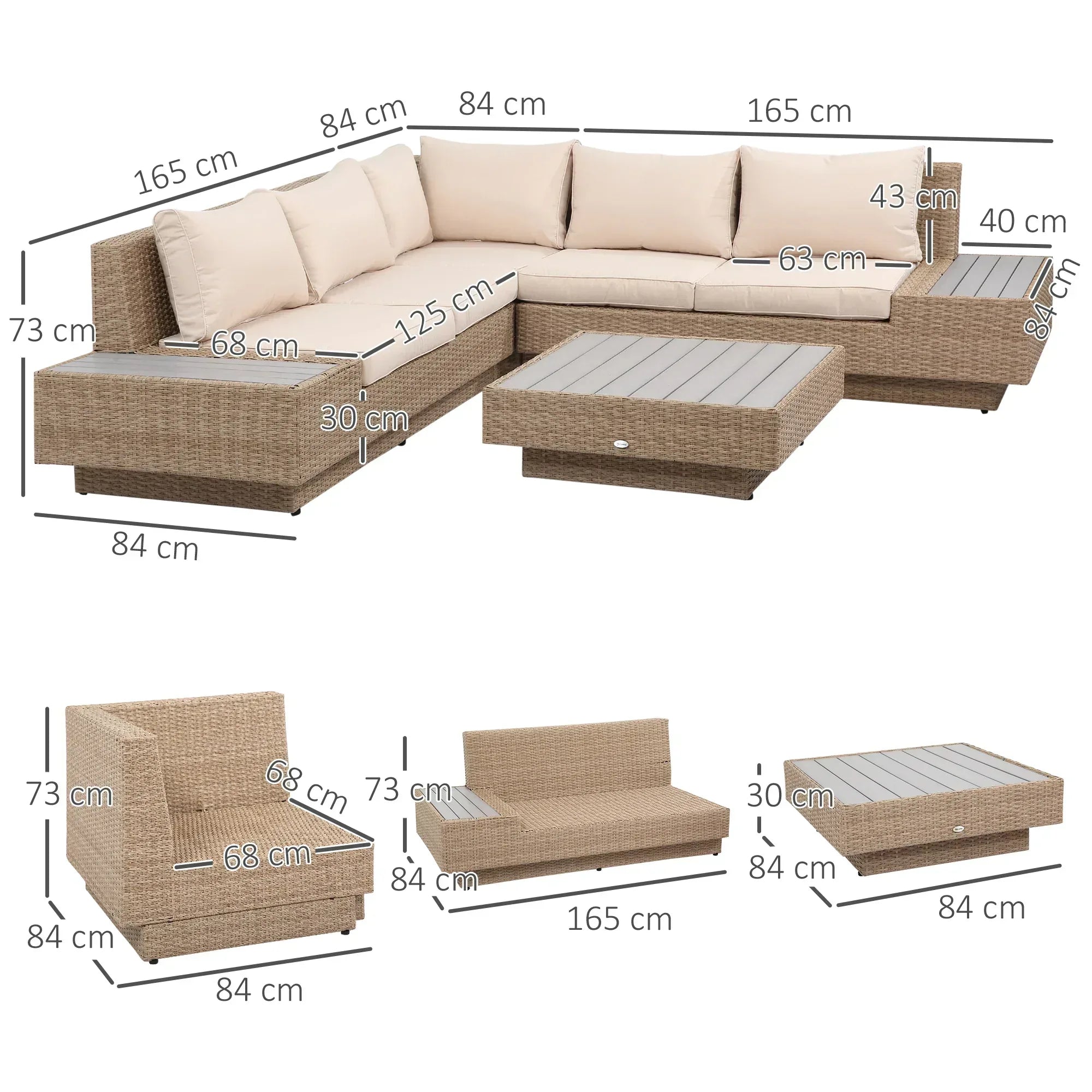 4 Pieces Rattan Garden Furniture Set, Garden Corner Sofa with Side Trays, Wicker Conservatory Furniture Set with Loveseats, Slatted Plastic Top Coffee Table and Cushions, Beige - Bobobiy
