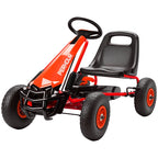 Red kids pedal go-kart with adjustable seat, black steering wheel, and orange wheels.