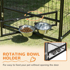 Dog playpen kennel with rotating bowl holder and two metal feeding bowls