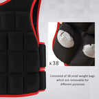 Black weighted vest with red trim, close-up of inner weight-bag pockets