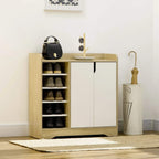Shoe cabinet with natural wood frame and white double doors, open shelving for shoes