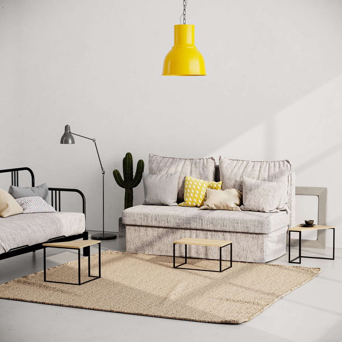 Modern coffee table with white top and black metal frame centered on a beige rug
