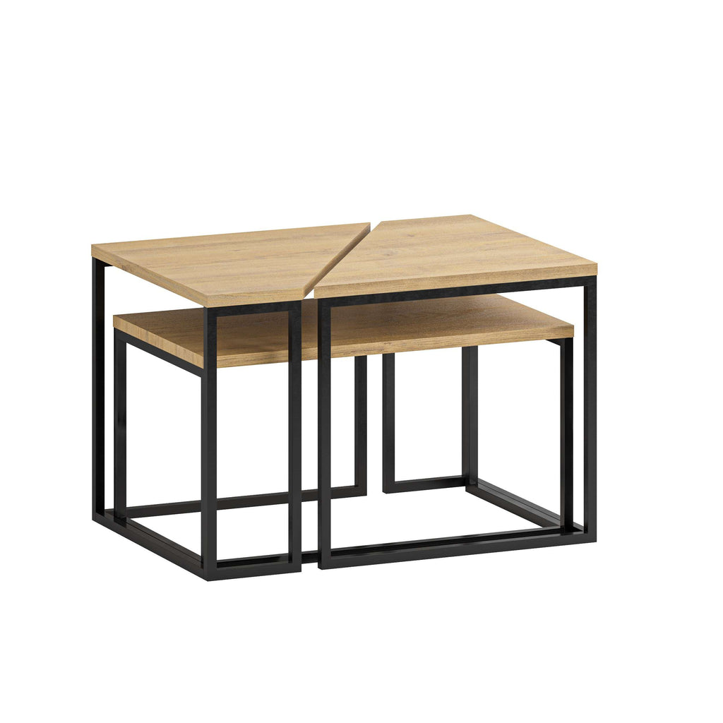 Modern nesting coffee table set with light wood tops and black metal frames