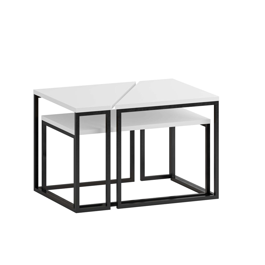 Modern nesting coffee table set with white tops and black metal frames