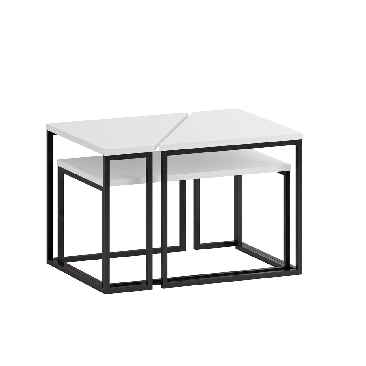 Modern nesting coffee table set with white tops and black metal frames