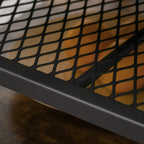 Black metal wire grid shelf underside under a coffee table