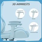 Light blue and white gaming chair with 3D adjustable armrests, shown up/down and rotation.