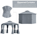 Grey hexagon gazebo with zippered curtains and covered canopy roof, adjustable side panels