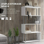 White S-shaped 5-tier bookcase with open shelves and metal legs for storage