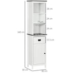 White freestanding tall cabinet with open shelf section, drawer, and paneled door