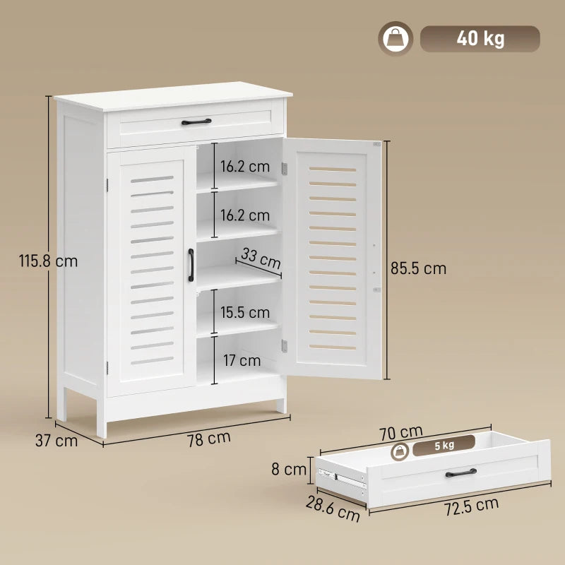White shoe cabinet with louvered doors and drawer; adjustable shelving shown