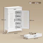 White shoe cabinet with louvered doors and drawer; adjustable shelving shown