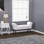 Upholstered bench with rounded arms, greyish white seat and dark legs