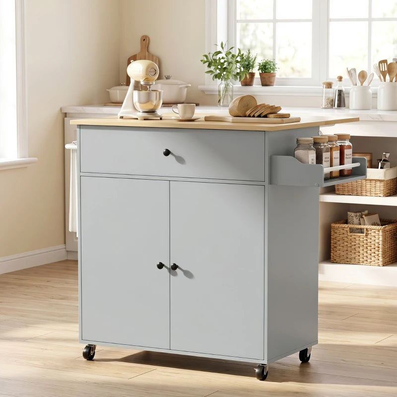 Grey rolling kitchen island with wood top, drawer, cabinet doors, and side rack on wheels