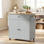 Grey rolling kitchen island with wood top, drawer, cabinet doors, and side rack on wheels