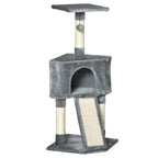 Grey corner cat tree with condo house, scratch posts, ladder pad, and hanging ball